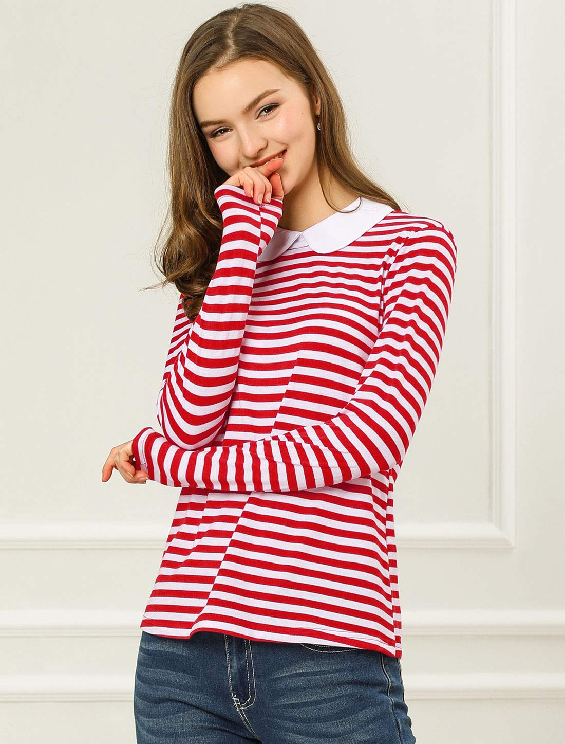 Allegra K Damen T-Shirt Langarm Bubikragen Colorblock Casual Weihnachts Streifen Top Bluse