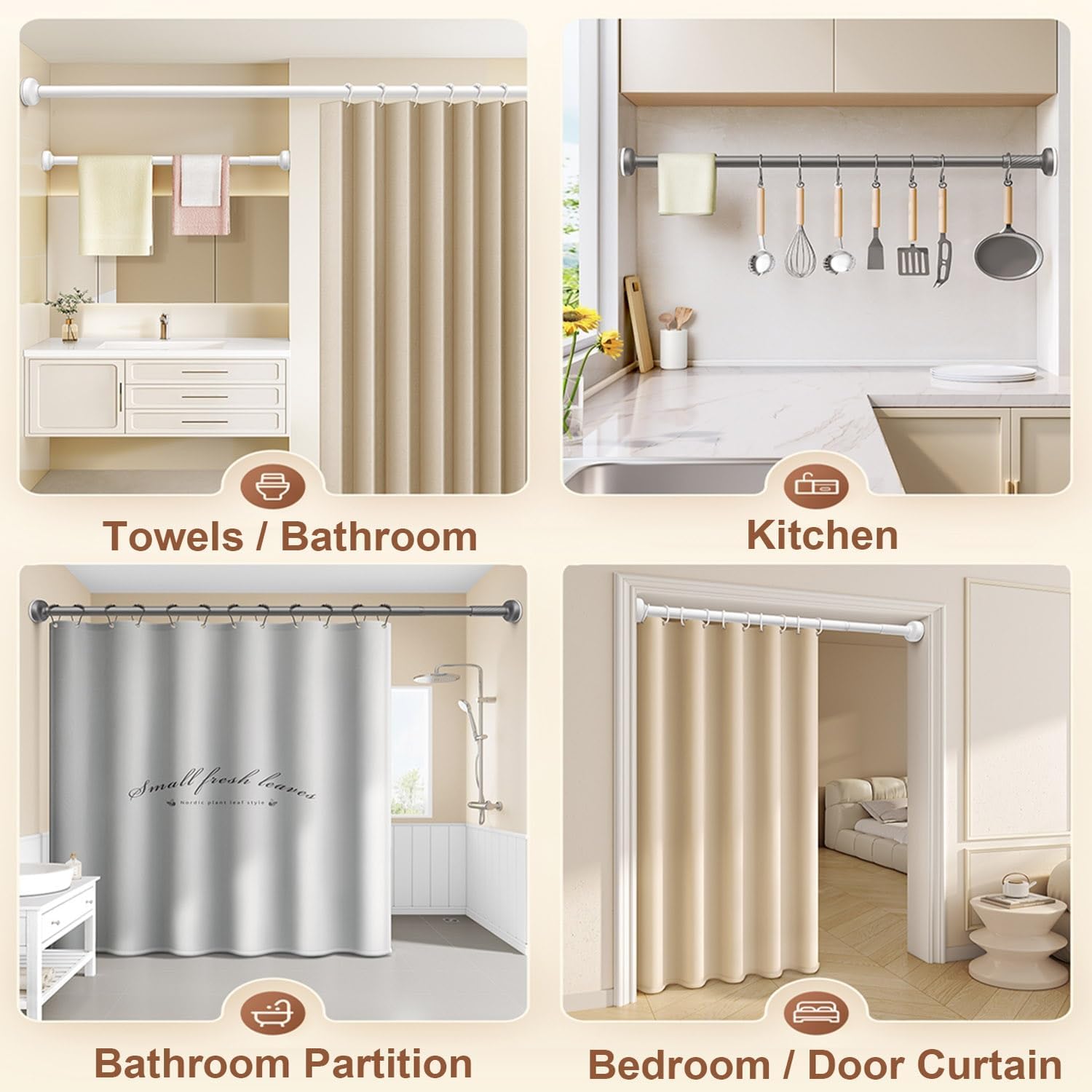 Shower Curtain Rod 28-192 inch Adjustable Tension Curtain Rod No Drilling Telescoping Rod, Diameter 1inch, for Bathroom Windows Closet Rods, No Rust(Cream,70-120cm(28-47in))