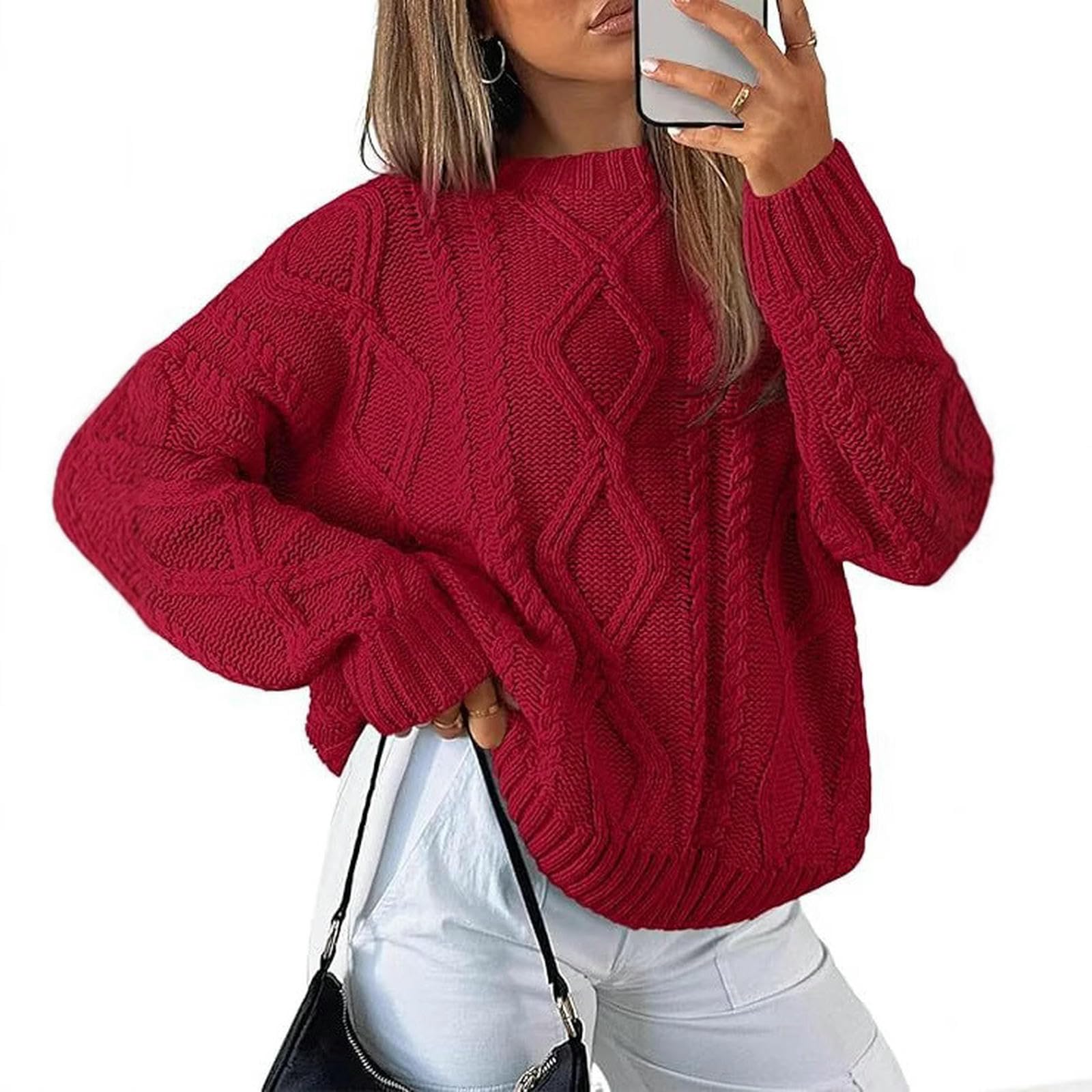Maglione da Donna A Trecce con Scollo Tondo, Pullover Elegante, Versatile Maniche Lunghe-Rosa-m