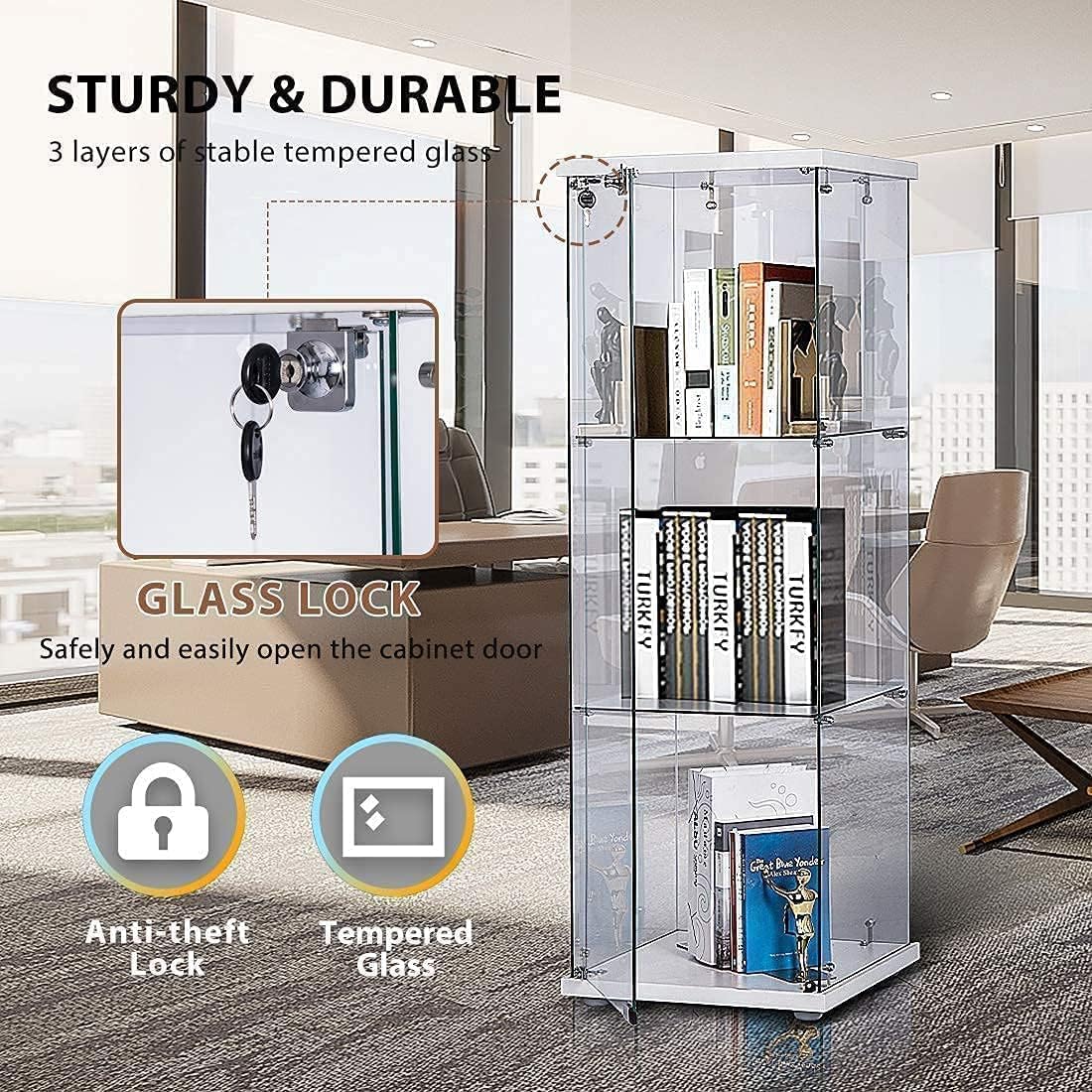 Close-up of the glass security lock mechanism on the VIVOHOME display cabinet door.