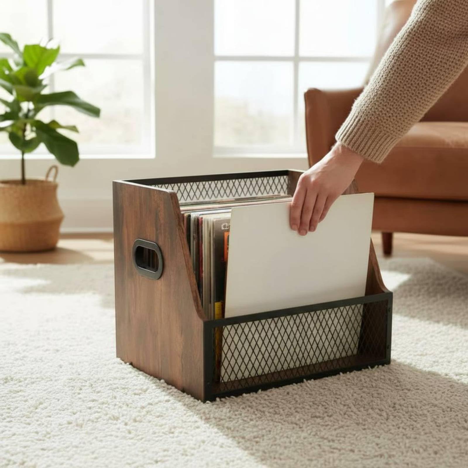 Cassetta Vinili Scatola Cesto Contenitore Supporto Cassetta Porta Dischi Stile Retrò Industriale Come Arredo Struttura Solida in Legno E Ferro Adatta per Soggiorno Spazio di Casa