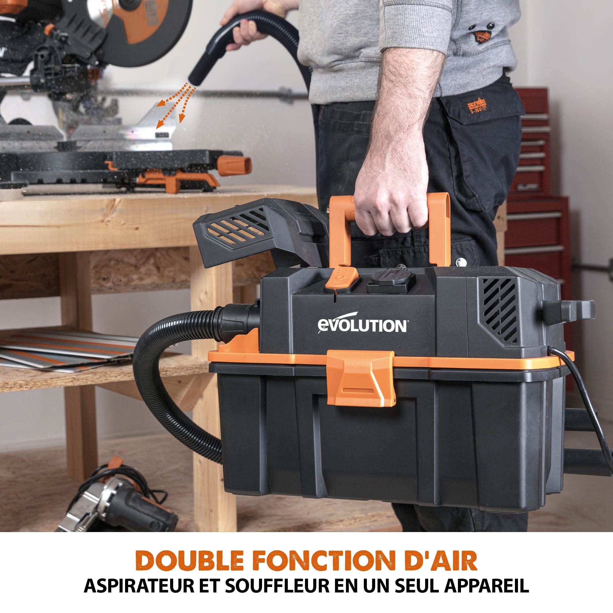 Evolution Power Tools Aspirateur Eau Et Poussière, Portable Et Léger, Idéal Pour Aspirer La Poussière De Scie Dans Les Ateliers, Avec Prise De Courant, Fonction de soufflage - Filaire - R15VAC