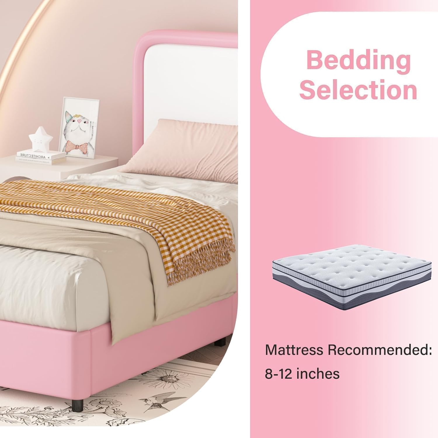 BarnFurin Upholstered Bed Frame Twin, Faux Leather Platform Bed with Curved Headboard, Classic Color-Blocking Design, Soft Rounded Corners, No Box Spring Required, Easy Assembly, Pink