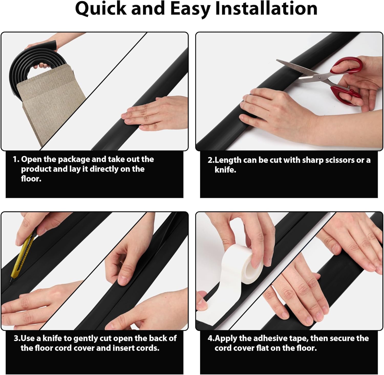 4FT Cord Hider Floor Black Floor Cable Hider & Wire Covers for Cords Kit 392.5in White
