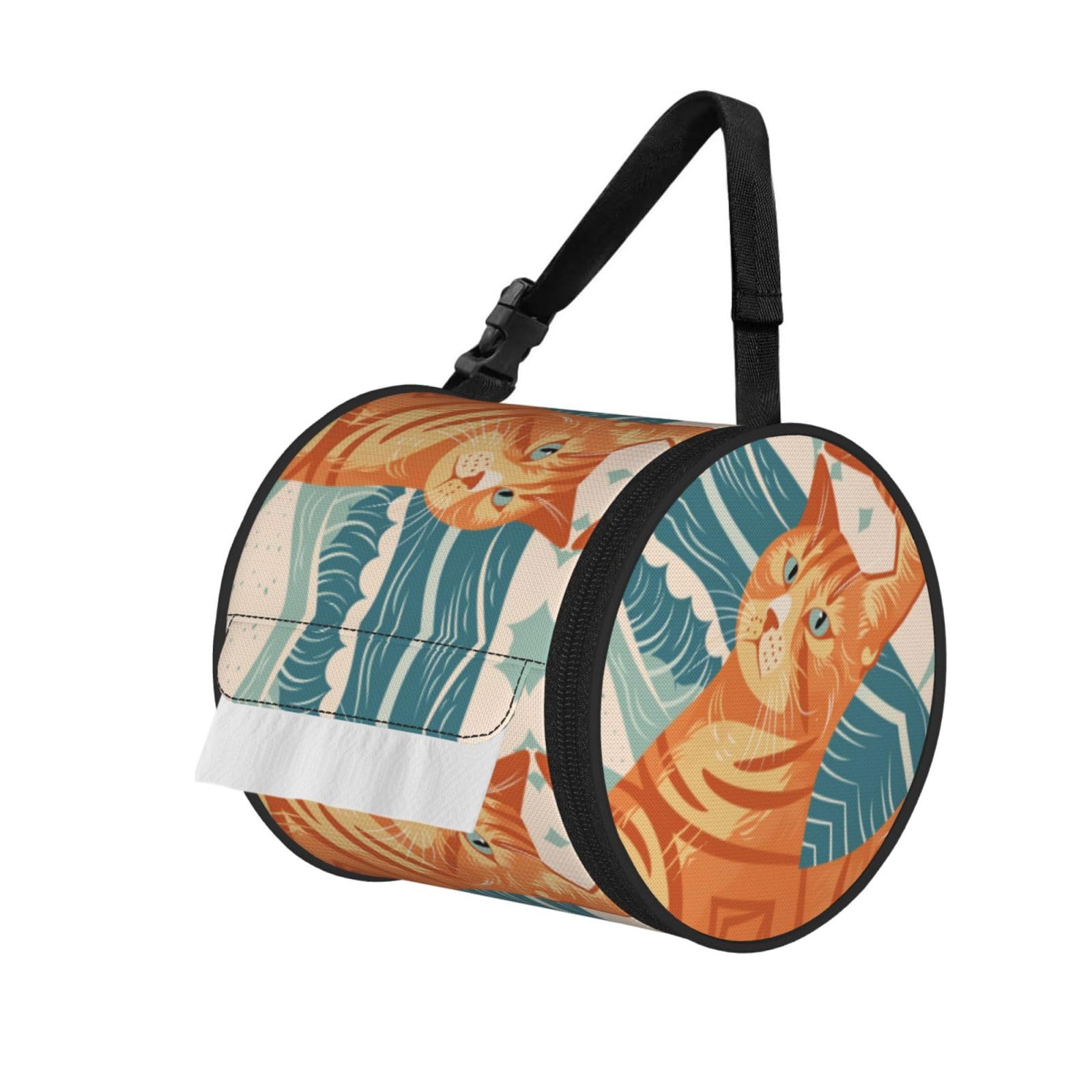 Orange Tabby Cat Print Round Tissue Dispenser Bag With Carry Strap, Portable Roll Holder For Car Travel Home