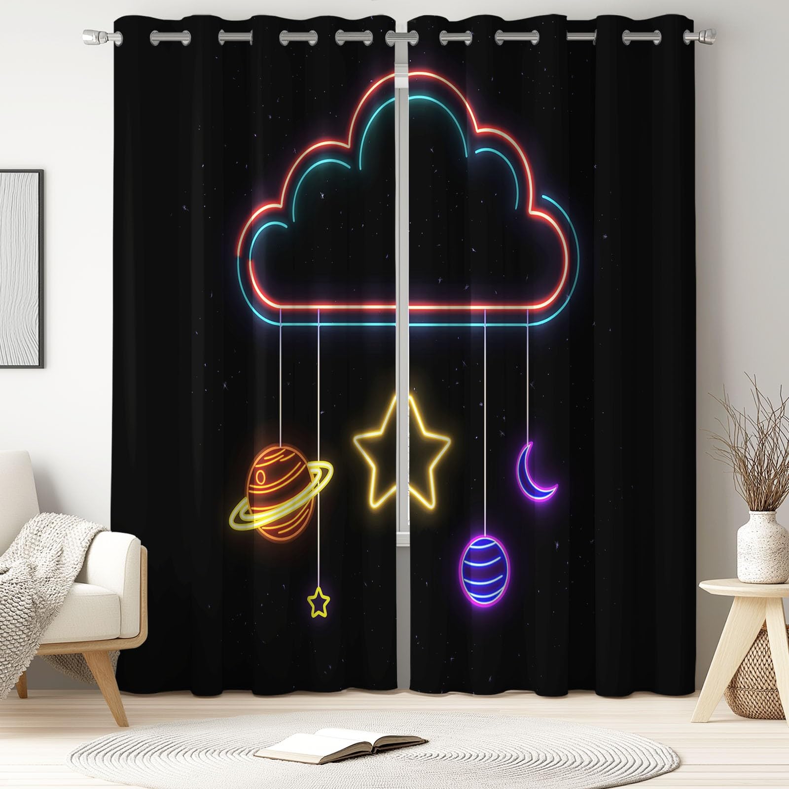 Générique Rideau Occultant Moderne Fantaisie Salon Moderne Thermique Isolant Anti Froid Polyester 2 Pièces 117 x 229 CM Rideaux De Fenêtre Espace Étoile Nuage pour Chambre Cuisine Décoration