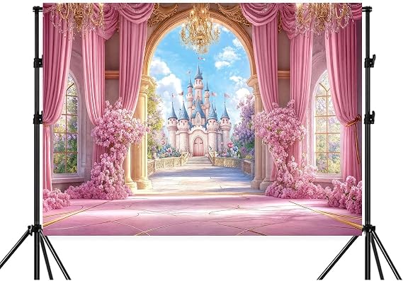 10X8ft Princess Castle Backdrop Pink Fairy Tale Wonderland Floral Arch Girls Birthday Party Wedding Baby Shower Banner Studio Photo Booth Kids Photoshoot Wall Decor Banner