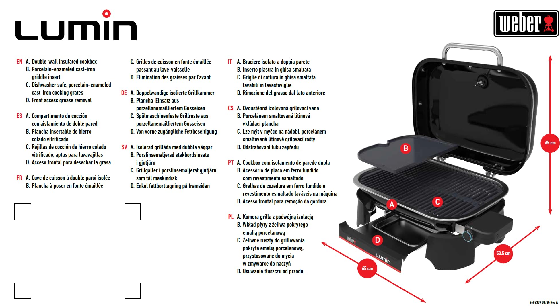 Weber Lumin Barbacoa eléctrica, hasta 315 °C, con termómetro Integrado en la Tapa, Parrillas de Hierro esmaltado, Superficie de cocción de 33 x 49 cm, Negro (1502045)