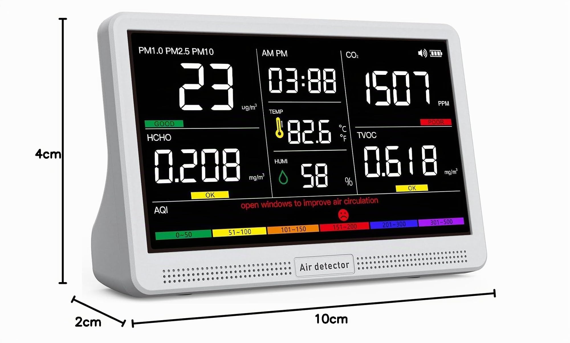 16 in 1 Monitor di qualità dell'aria per interni Display da 7 pollici 9 AQI+7 AQI Avvisi Misuratore di qualità dell'aria per CO2, TVOC, PM2.5 PM1.0 PM10, HCHO, umidità di temperatura AQI e tempo