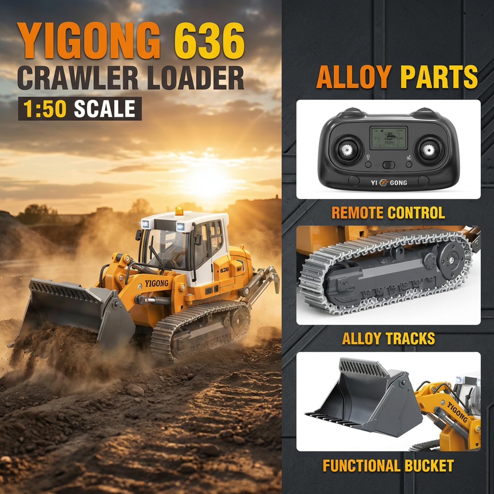 1:50 RC Crawler Loader 2.4G Construction Vehicle Metal Bucket Tracks Ripper Hobby-Grade RTR Model with Light and Sound for Adult - 4