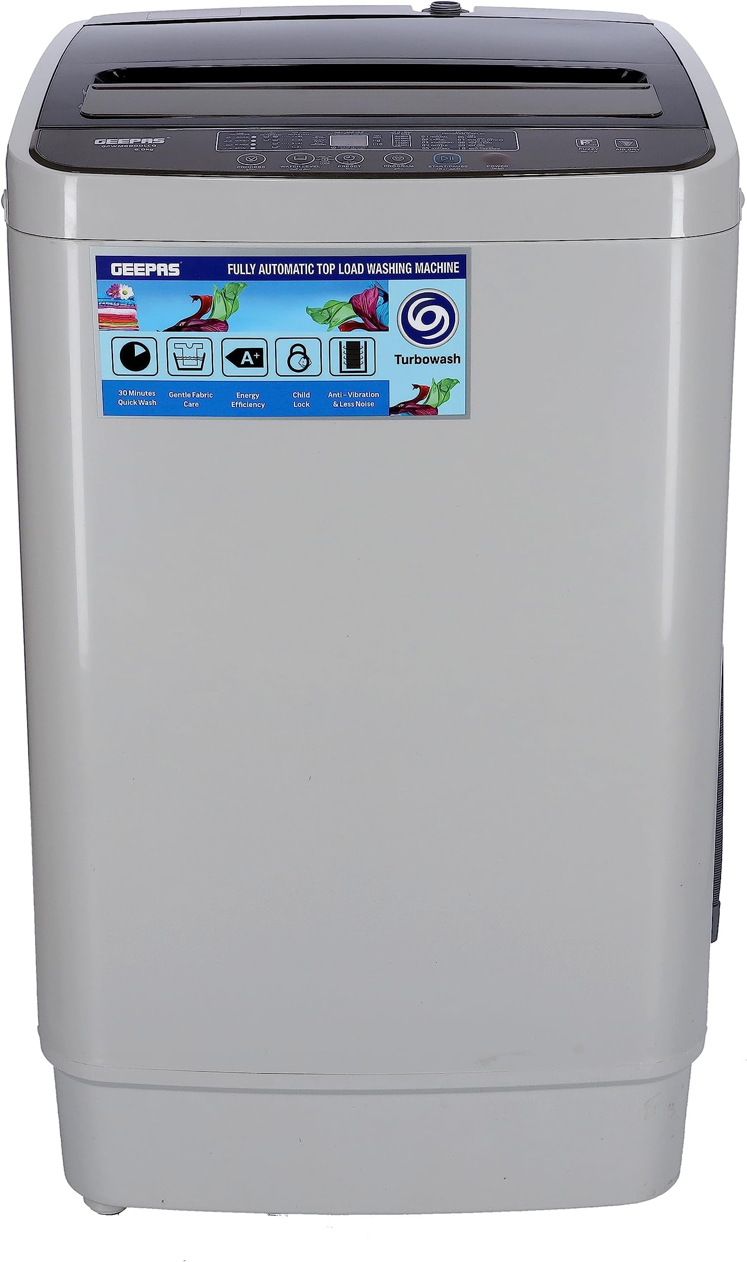 Geepas Fully Automatic Top Loaded Washing Machine 6kg - Auto-Imbalance, Gentle Fabric Care, Turbo Wash, Anti Vibration & Noise, Child Lock, Stainless Steel Drum