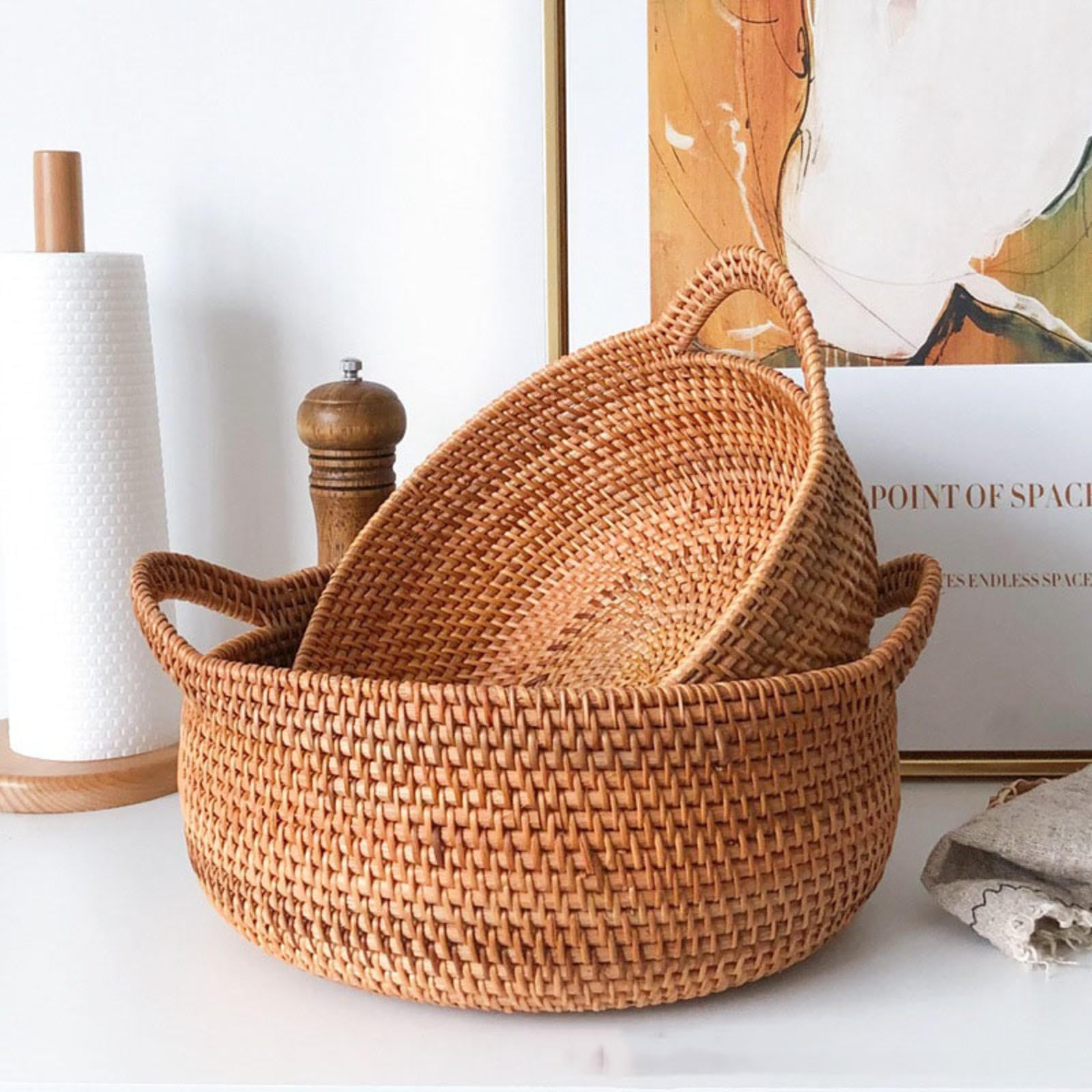 Cesti Regalo Fatti a Mano Intrecciati, Cesto Cestini in Rattan for riporre Cestini for Frutta for Il bancone della Cucina Cestini for servire Il Cibo Cesto in bambù(Large)
