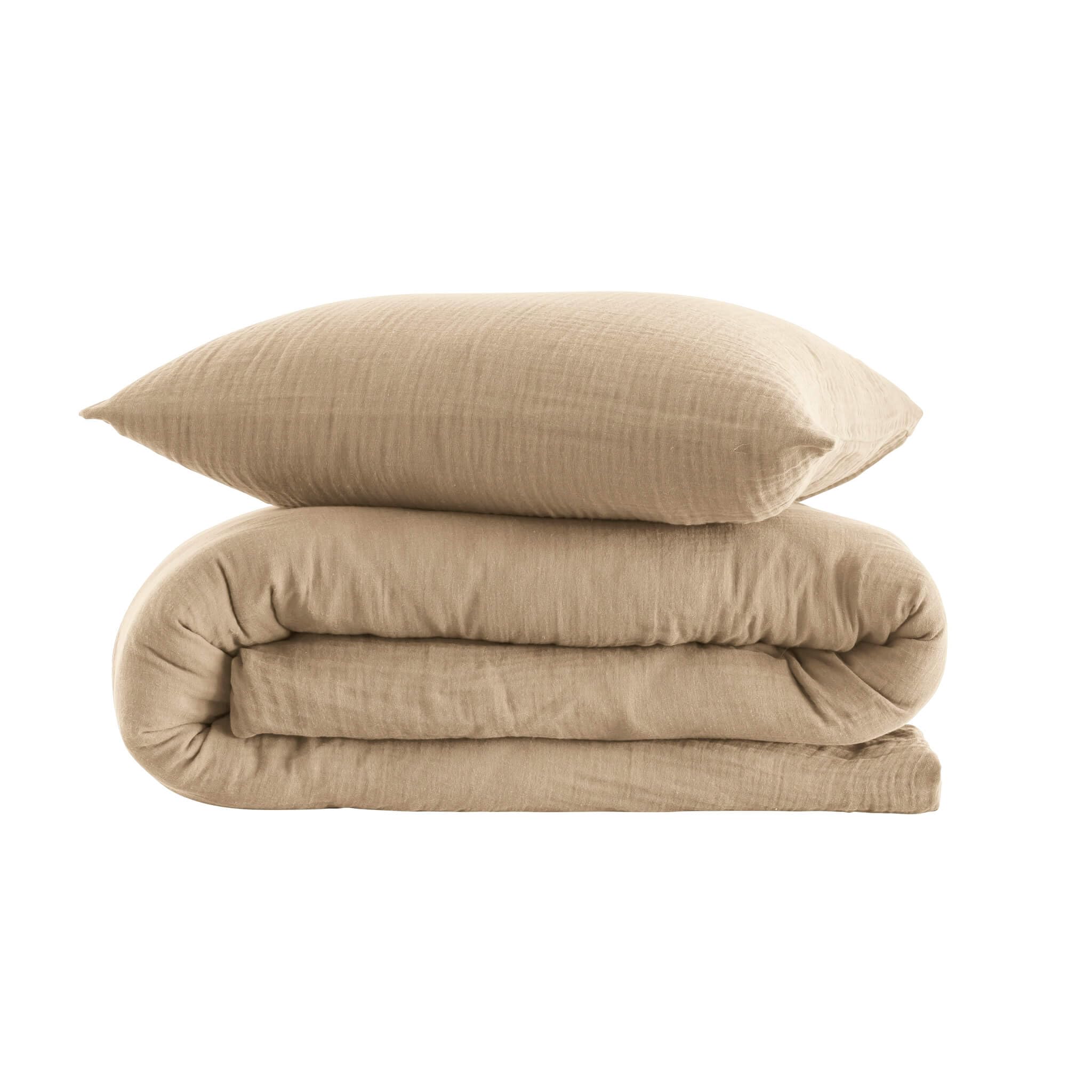 Terre de Nuit - Parure de lit 140x200 Gaze de Coton Beige NOA - Beige - Uni - 57 Fils/cm² - Base Droite