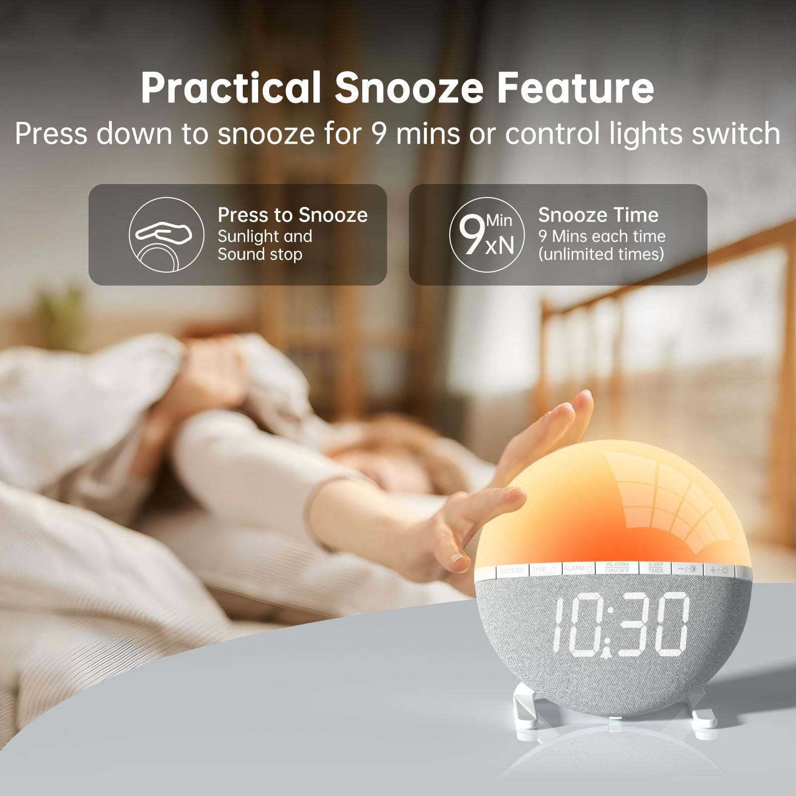 Réveil Lumineux avec Simulation du Lever du Soleil, Lampe de Réveil avec Snooze, 7 Sonneries, Veilleuse 9 Couleurs
