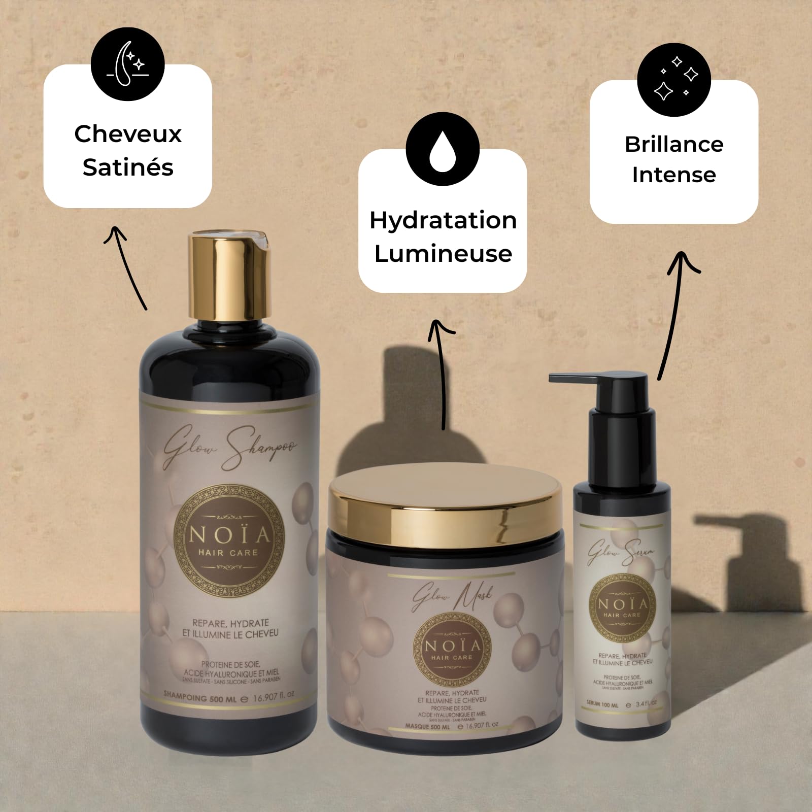 NOÏA HAIR – Trio Capillaire Professionnel GLOW – Shampoing 500ml +Masque 500ml + Sérum 100ml – Hydratation & Brillance – Acide Hyaluronique – Cheveux Secs, Ternes ou Déshydratés