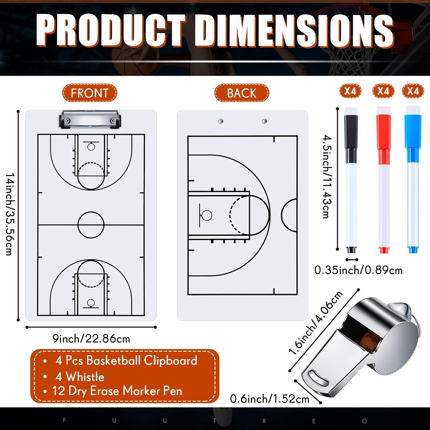 Sotiff 4 Pcs Basketball Dry Erase Coaches Clipboard Basketball Clipboard for Coaches with 12 Pcs Dry Erase Marker Pens and 4 Pcs Whistles White Double Sided Basketball Clipboard for Training