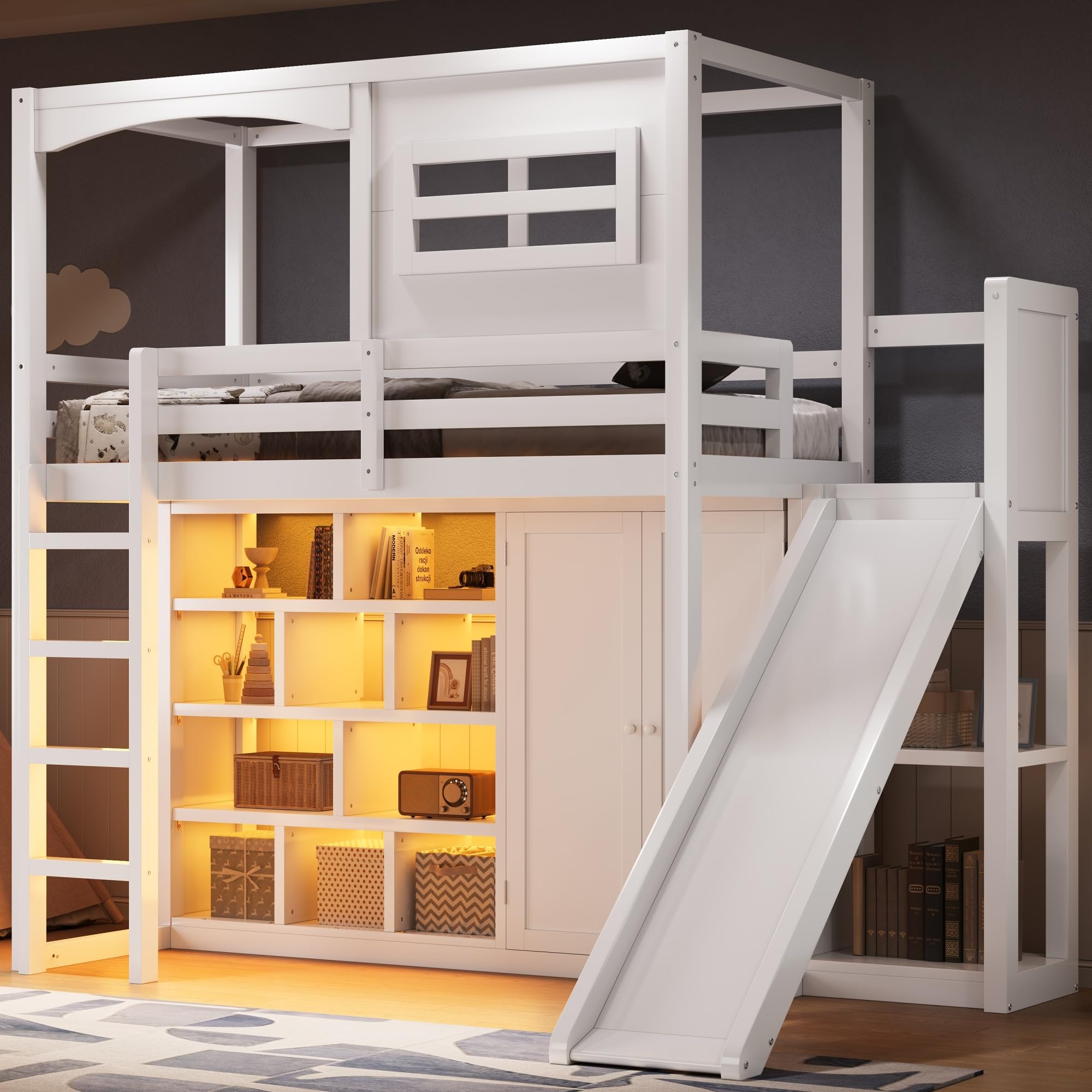 Wood Twin Size House Loft Bed with Wardrobe, Storage Shelves, Slide and LED, Fun Playhouse Design for Kids Boys &amp; Girls