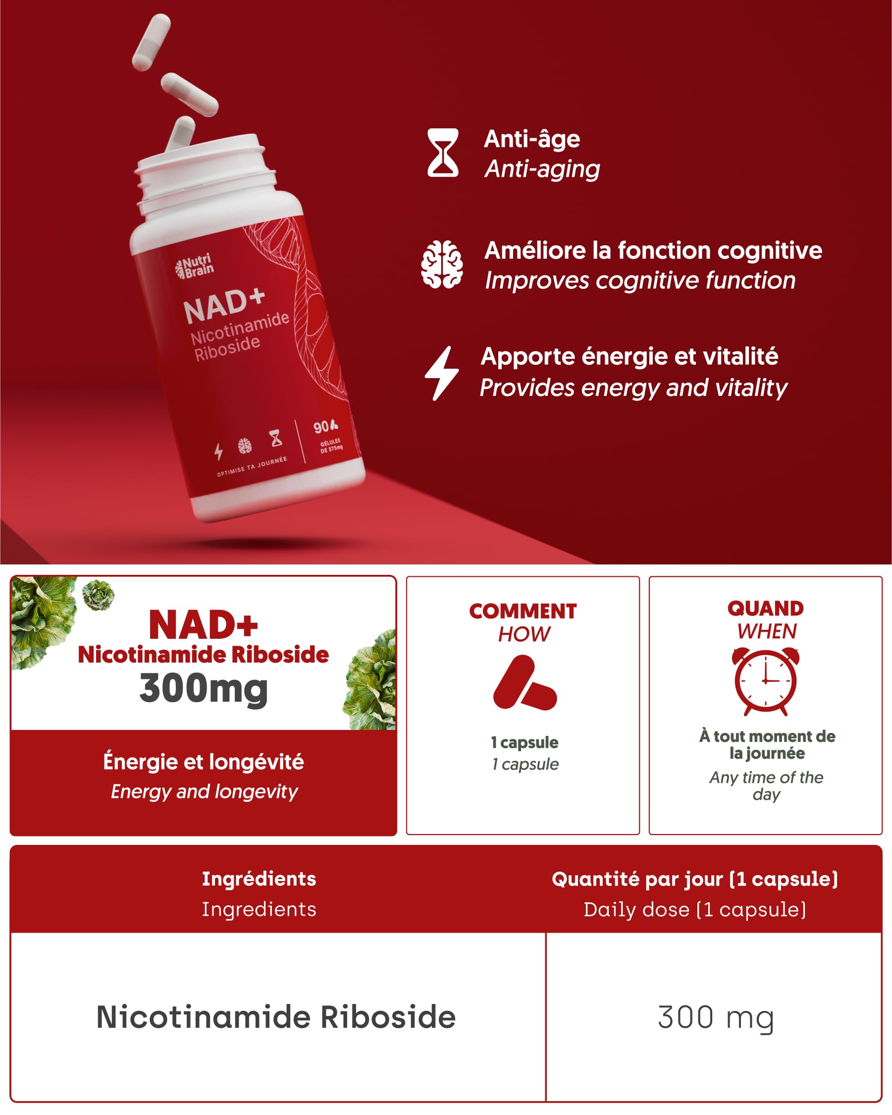 NAD+ Haute Absorption Nicotinamide Riboside 300mg | 90 Gélules | Anti-Âge et Fatigue | NAD+ Booster, Santé Cellulaire et Vitalité | Formule Premium | Sans Gluten | Sans OGM