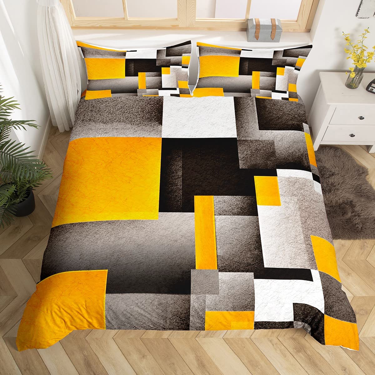Yellow Grey Black Buffalo Check Bedding Set Single Size Kids Geometric Comforter Cover Set for Boys Duvet Cover Breathable Plaid Modern Abstract Art Bedspread Cover Room Decor Quilt Cover