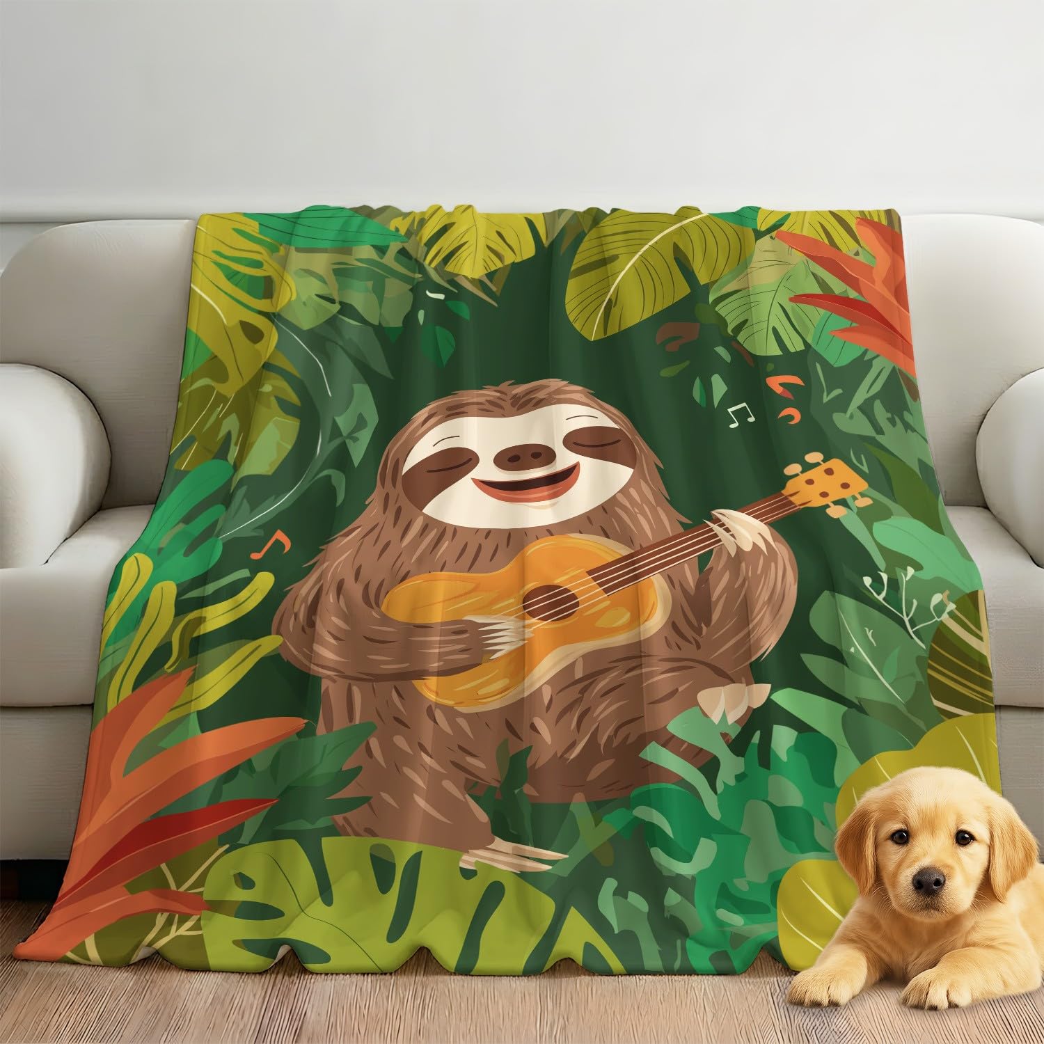 Generisch Kuscheldecke Fleecedecke Decke Cartoon Musik Faultier Grün Gitarre Braun Tier Natürlich 180cm x 200cm Wohndecken Flauschig Überwurf Mikrofaser Tagesdecke Sofadecke für Schlafzimmer