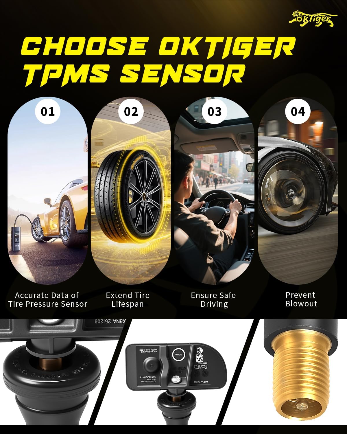Oktiger 315MHz TPMS Sensor Pre-Programmed Fit for Ford 2020-2024 Escape, 2020-2023 Explorer, 2023-2024 Ranger, for F-150 E-Transit, for Lincoln, Tire Pressure Monitoring Sensor 4PCS OE#JX7Z1A189C