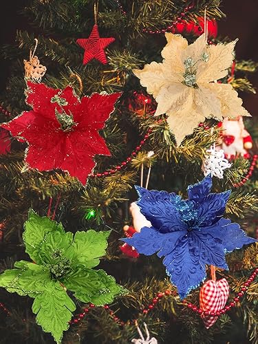 Miniatura 19 de 6 adornos para árbol de Navidad de Pascua con purpurina, flores artificiales de Navidad, accesorios florales con tallo, flores de franela sintética
