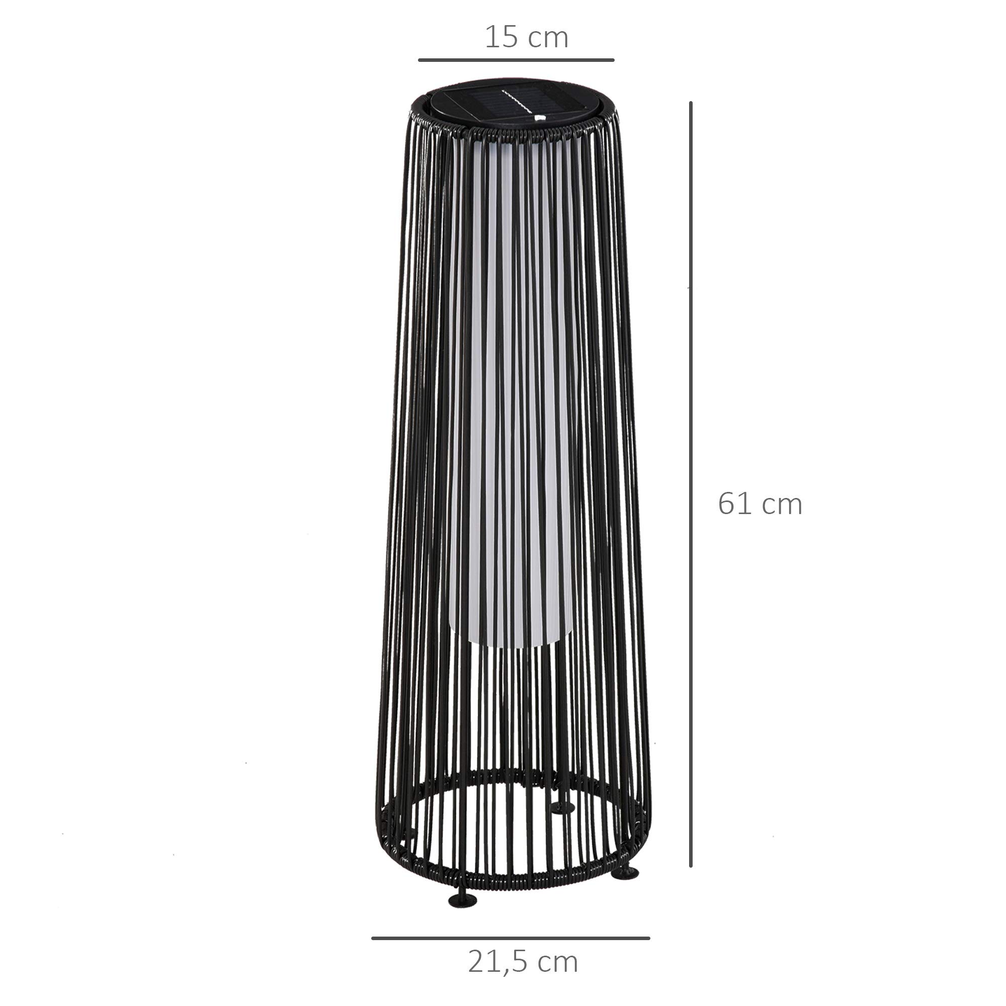 Outsunny Linterna de Jardín de Ratán Sintético Farola Solar Exterior con Luces LED Encendido y Apagado Automático Impermeable para Terraza Balcón Patio Ø21,5x61 cm, Negro