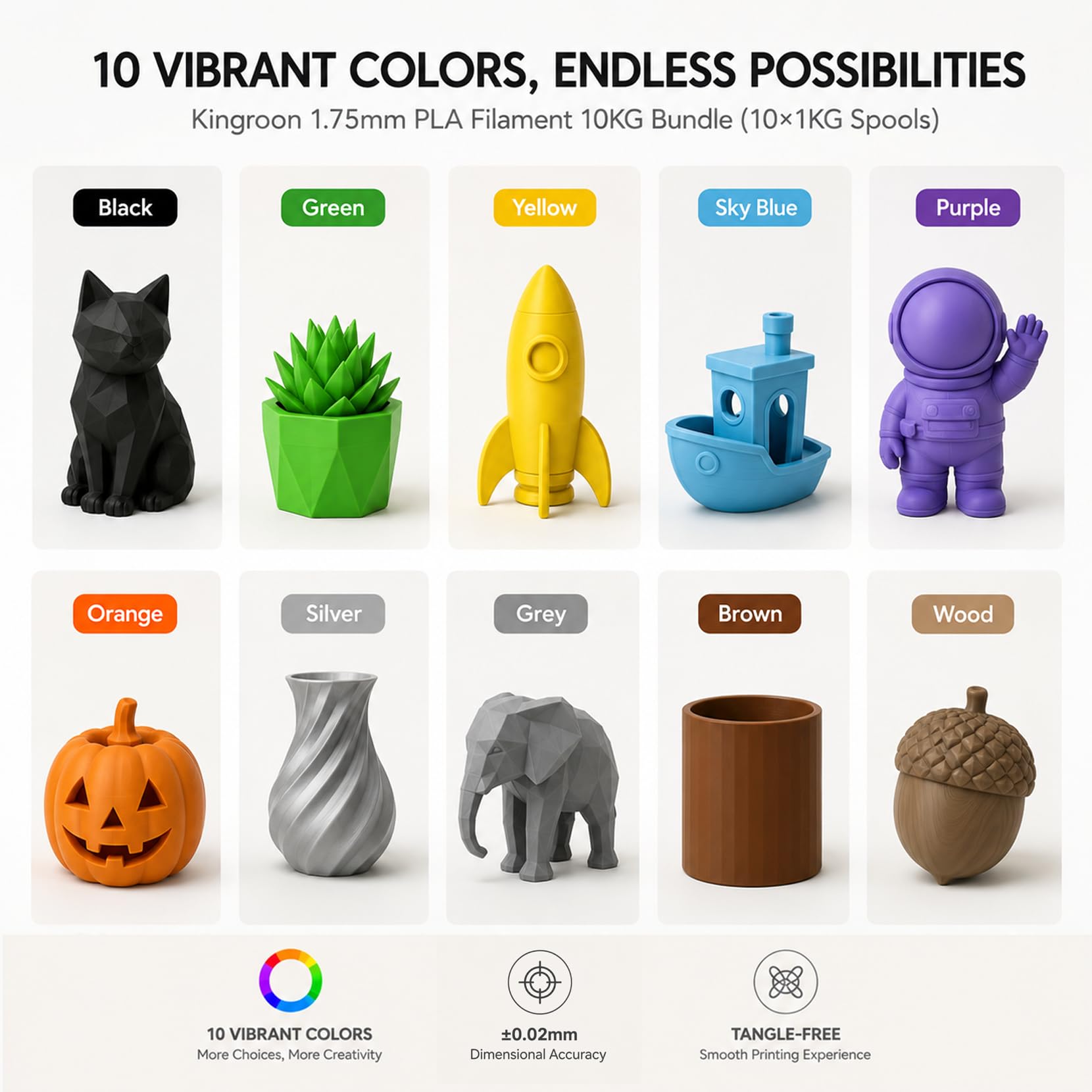 Kingroon Filament PLA 10 kg 1,75 mm, 10 szpul filamentu do drukarki 3D 1 kg, wielokolorowe opakowanie (czarny brązowy, szary, żółty, zielony, fioletowy, srebrny, błękitny, dynia, pomarańczowe drewno