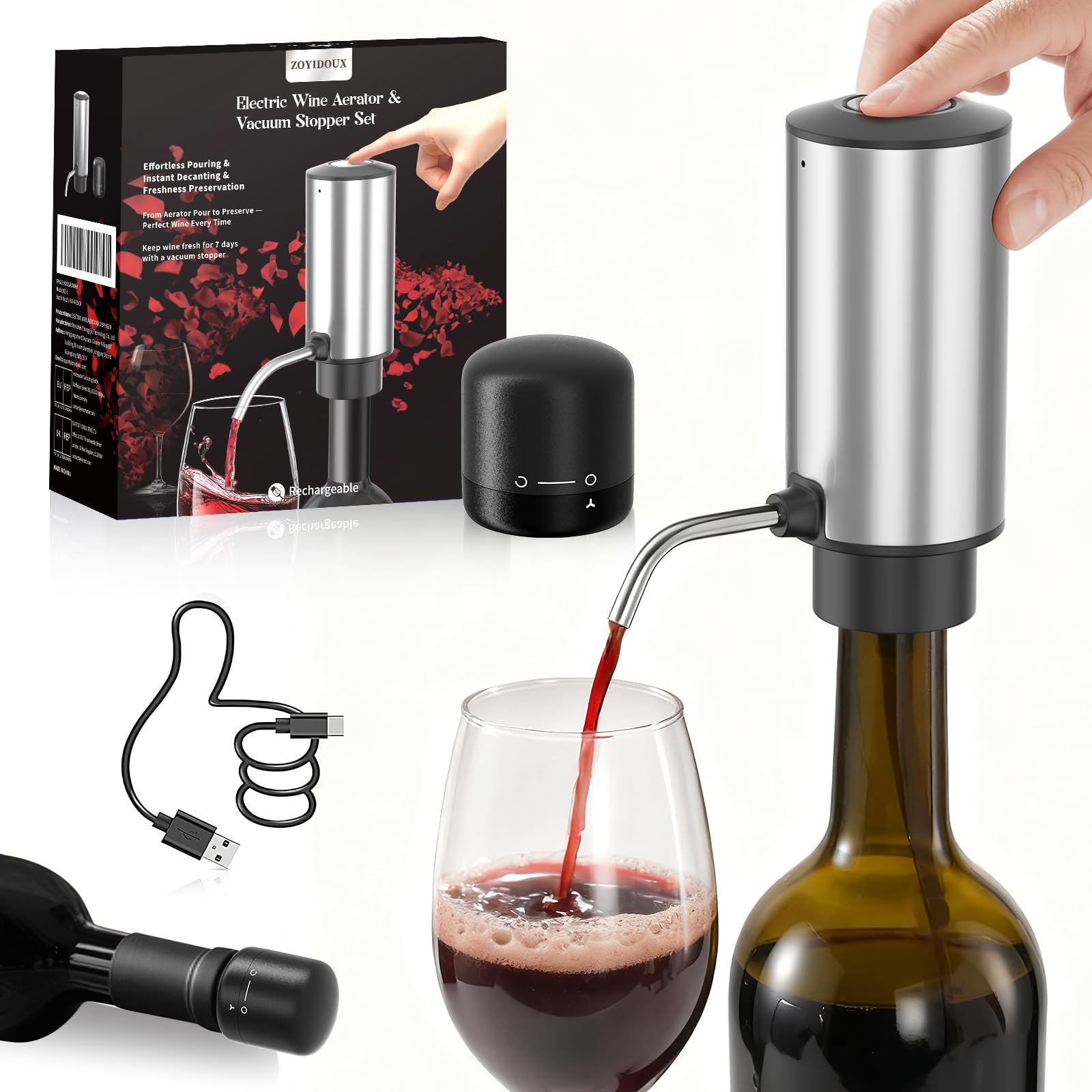 ZOYIDOUX Electric Wine Aerator Pourer & Vacuum Stopper Set, Automatic USB-C Rechargeable Dispenser, Instant Aeration & 7-Day Freshness, Easy One-Touch Operation(Stainless Steel)