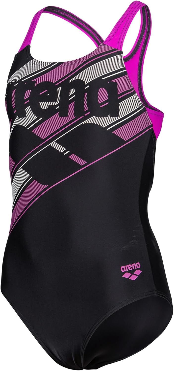 ARENA Feel Girls' Junior Lines Swim Pro Back Swimsuit Wide Straps UV Protection Chlorine Resistant Quick Drying Comfortable One Piece Bathing Suit, Black/Very Fuchsia Pink, US Size 5Y/22