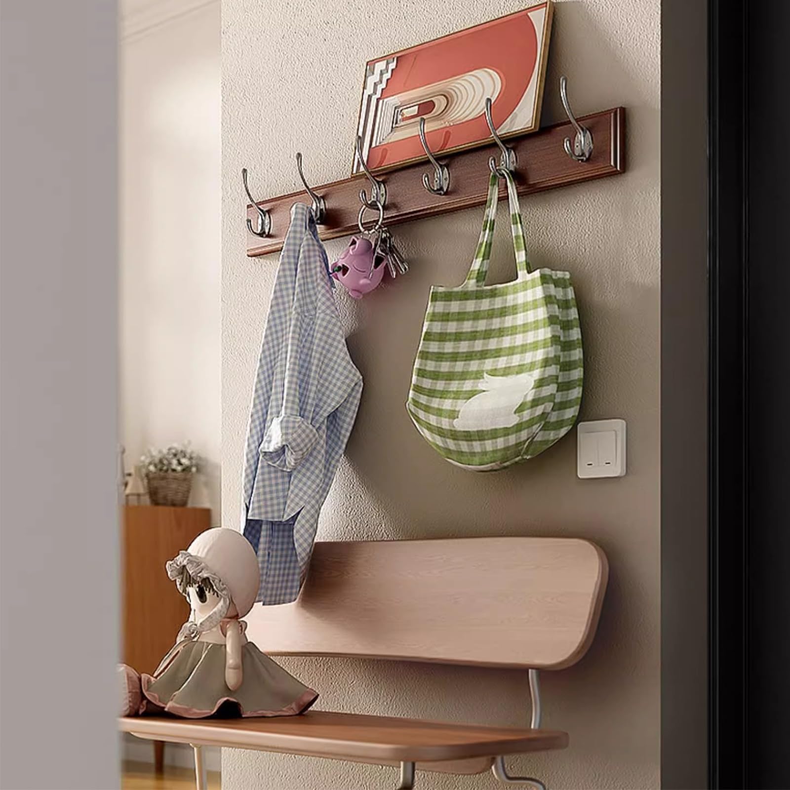 Percheros Pared Madera, Largo Colgador Pared,Percha Pared,Colgadores Pared,4-8 Ganchos for Abrigos,Chaqueta,Marrón(7 Hooks 87 * 8cm)