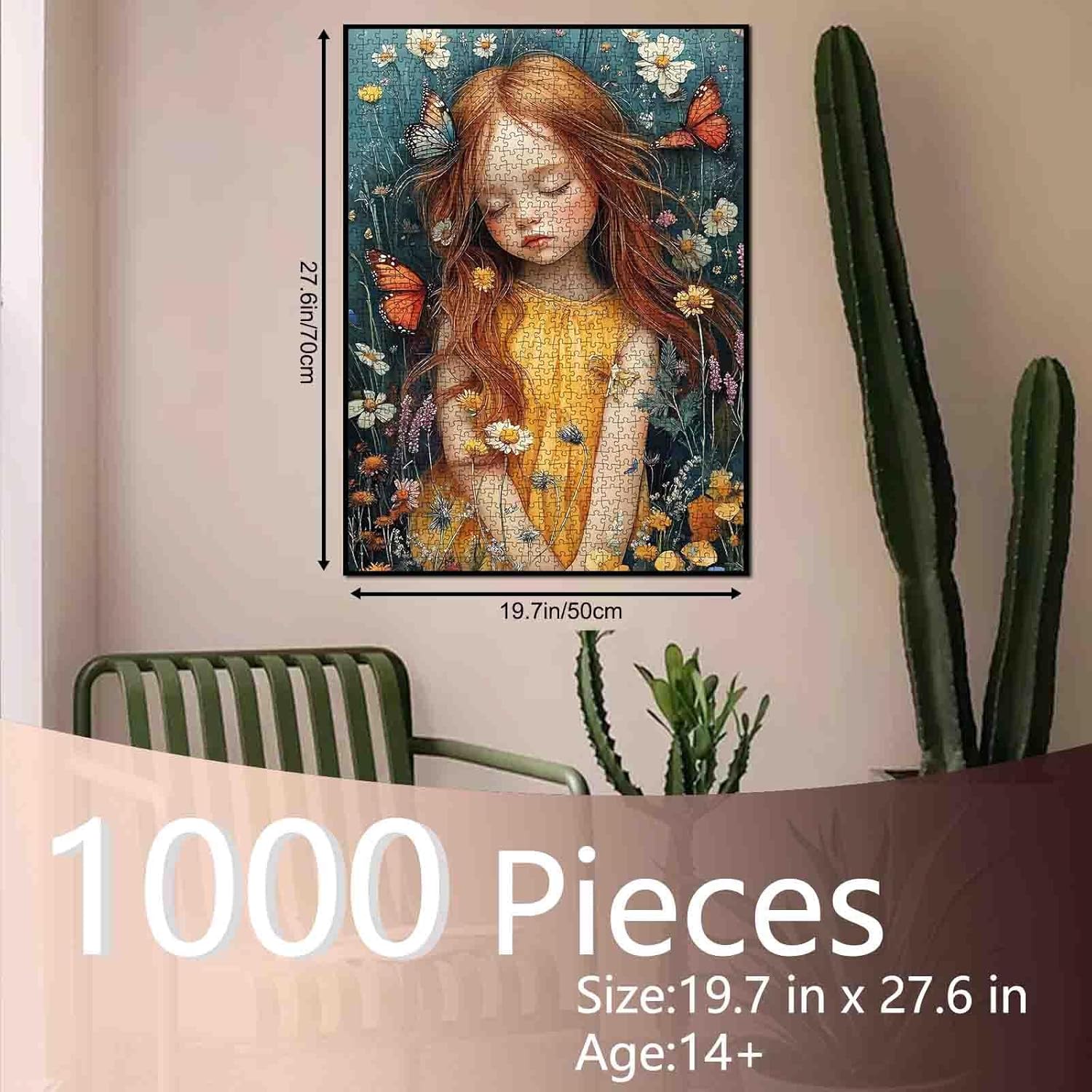 Girl Flowers Jigsaw Puzzle Girl with Colorful Butterflies 1000 Piece Jigsaw Puzzles for Adults Challenging Family Activity Game DIY Puzzle Home Decor 20 x 27 Inch