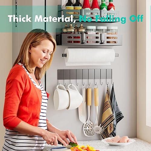 Miniatura 5 de Paquete de 4 estantes magnéticos para especias para refrigerador con 4 ganchos y soporte para toallas de papel, estante magnético negro y