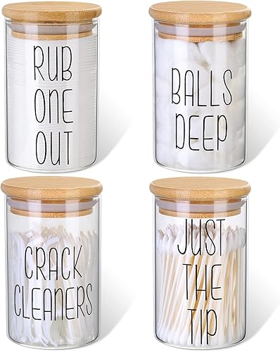 Paquete de 4 soportes para dispensador de vidrio con tapas de bambú para organización del baño, tarros de boticario para soporte de bolas de algodón