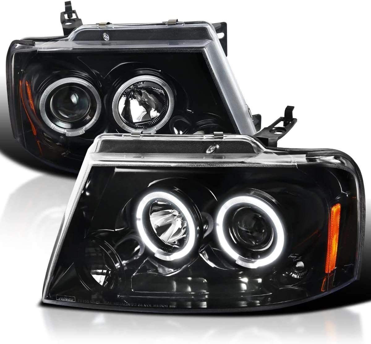 SPEC-D TUNING Dual Halo Projector Headlights Black Compatible with 2004-2008 Ford F-150, 2006-2008 Lincoln Mark LT, Left + Right Pair Headlamps Assembly