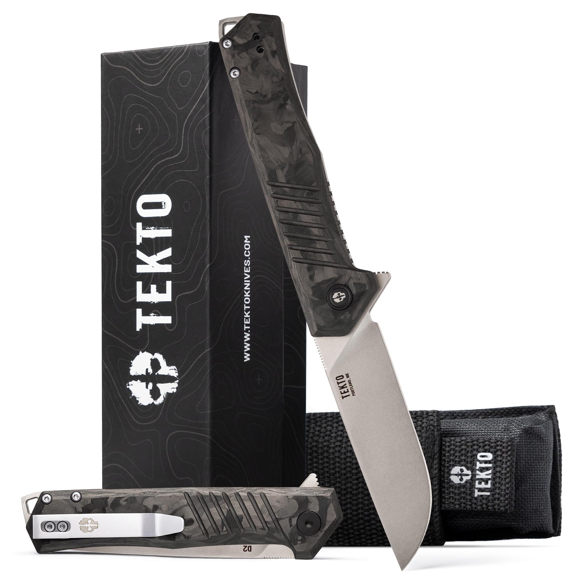 TEKTO KNIVES F1 Alpha Folding Pocket Knife - Modified Straight Back Blade, Titanium Coated D2 Steel, Ideal for Camping & Backpacking, Tactical Forged