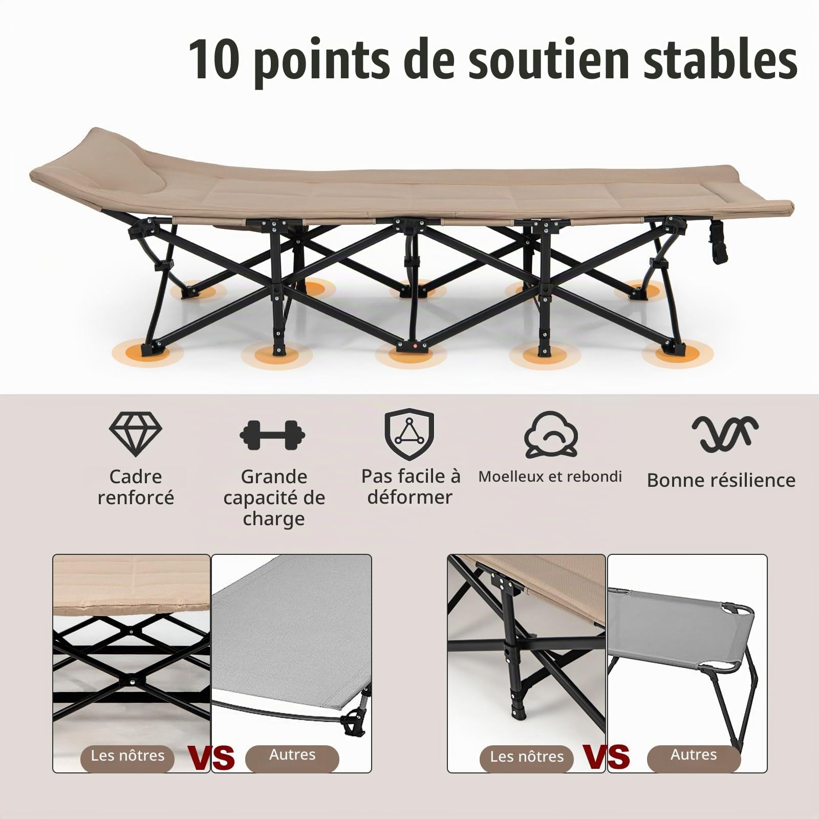 KOMFOTTEU Lit Camping Pliabe, Sac Transport, 190 x 68 x 48,5 cm, Kaki | Lit de Camp Cadre Métal, Tissu Oxford, Lit d’Extérieur pour 1 Personne XL, antidérapant, Capacité de Charge de 200 kg
