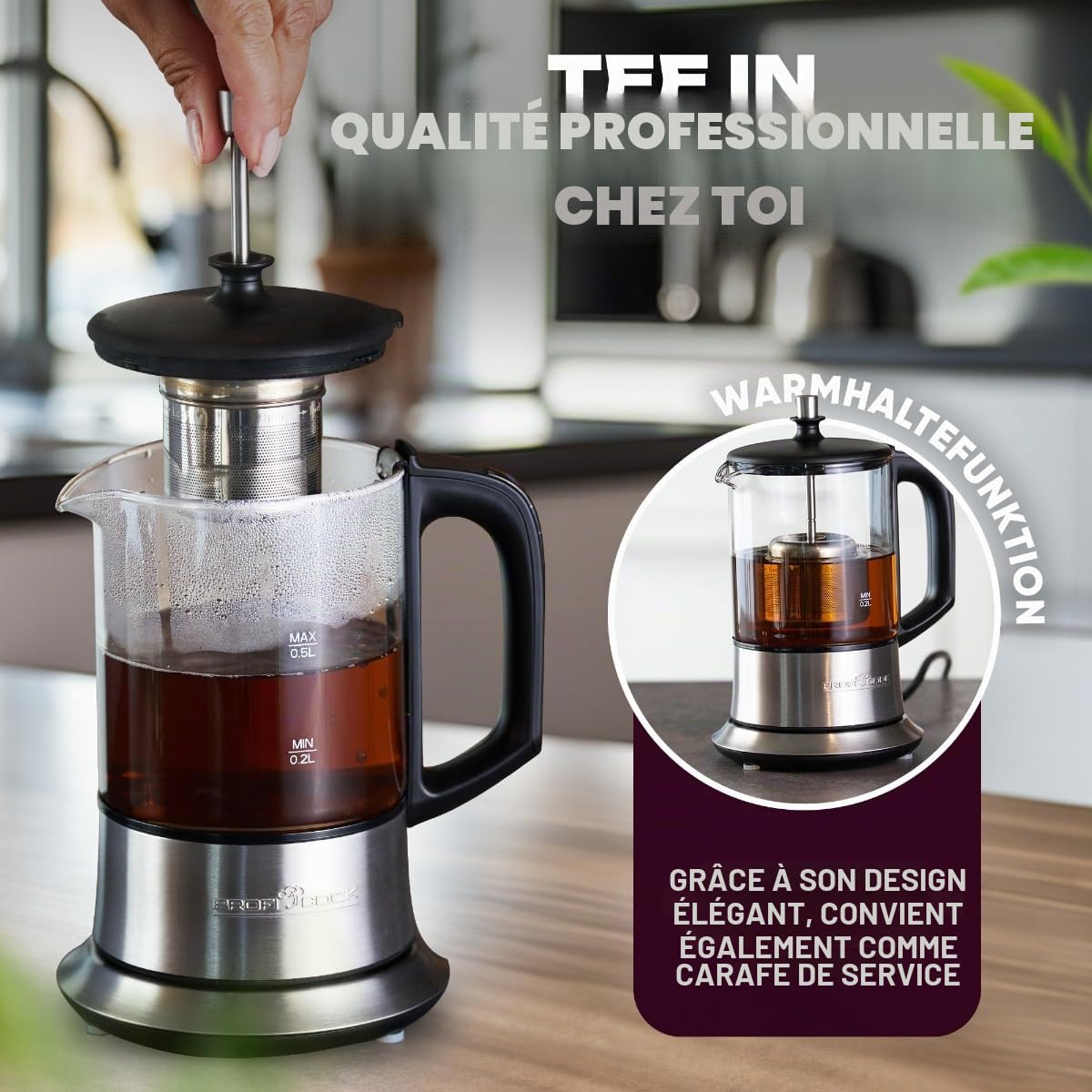 PROFI COOK PC-TK 1165 - Bouilloire 2 en 1 - à thé et à l'eau - Commandes Tactiles - 1100 Watts - Capacité de 0,5 Litres - Couleur Argent