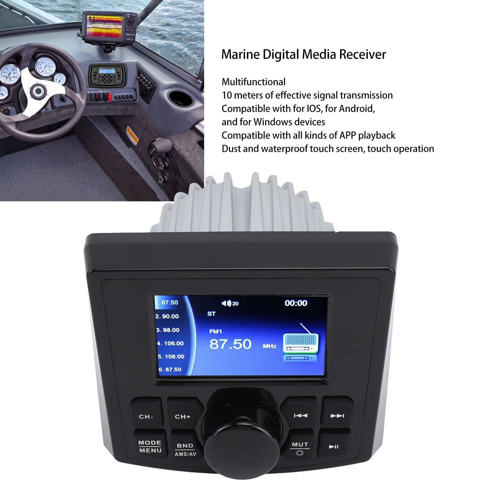 Radio Marine Bluetooth, Lecteur MP5 Bluetooth DC12 V, Lecteur Audio Marin Multifonctionnel étanche avec écran Tactile pour Bateaux, Yachts, Camping-Cars, Camions