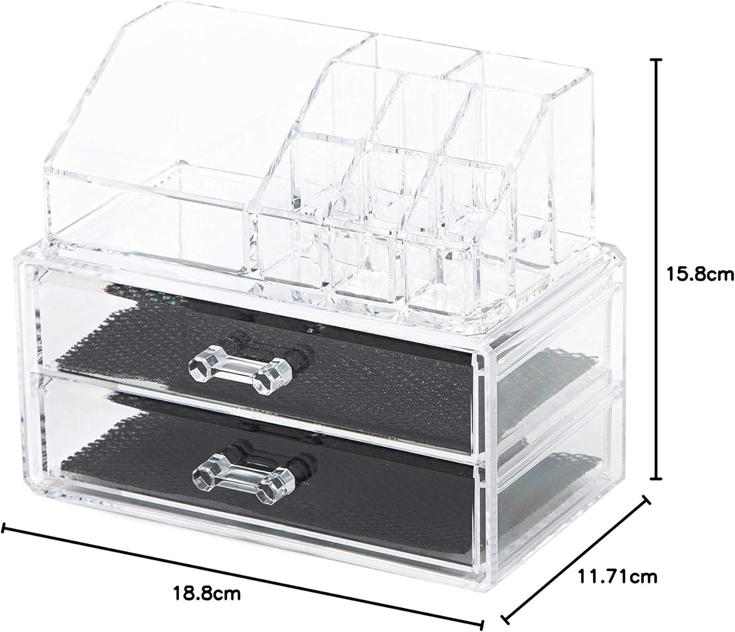Compactor Make-up and Jewellery Storage Box, With 2 Drawers, Transparent, Polystyrene, Fabric Lining, 18.8 x 11.7 x H. 15.8 cm, RAN5048