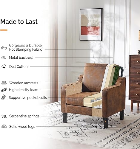 Miniatura 104 de VINGLI Silla decorativa moderna de mediados de siglo, sillas decorativas de tela beige para sala de estar, sillón tapizado, sofá con brazos