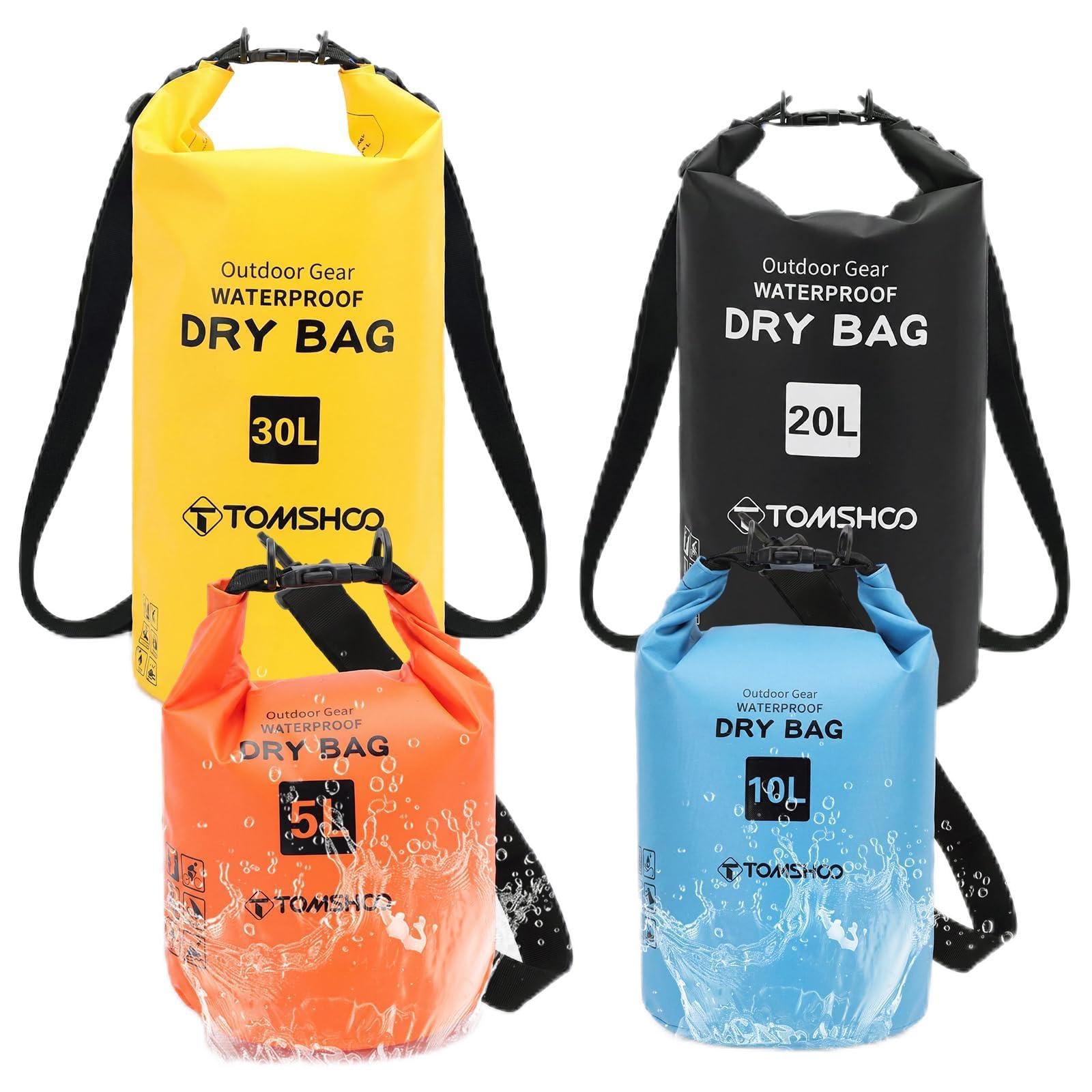 TOMSHOO Dry Bag - Juego de 4 bolsas impermeables de 5 l, 10 l, 20 y 30 l, impermeable, con tapa enrollable y correa para el hombro, tamaño versátil para kayak, barco, SUP, playa, camping