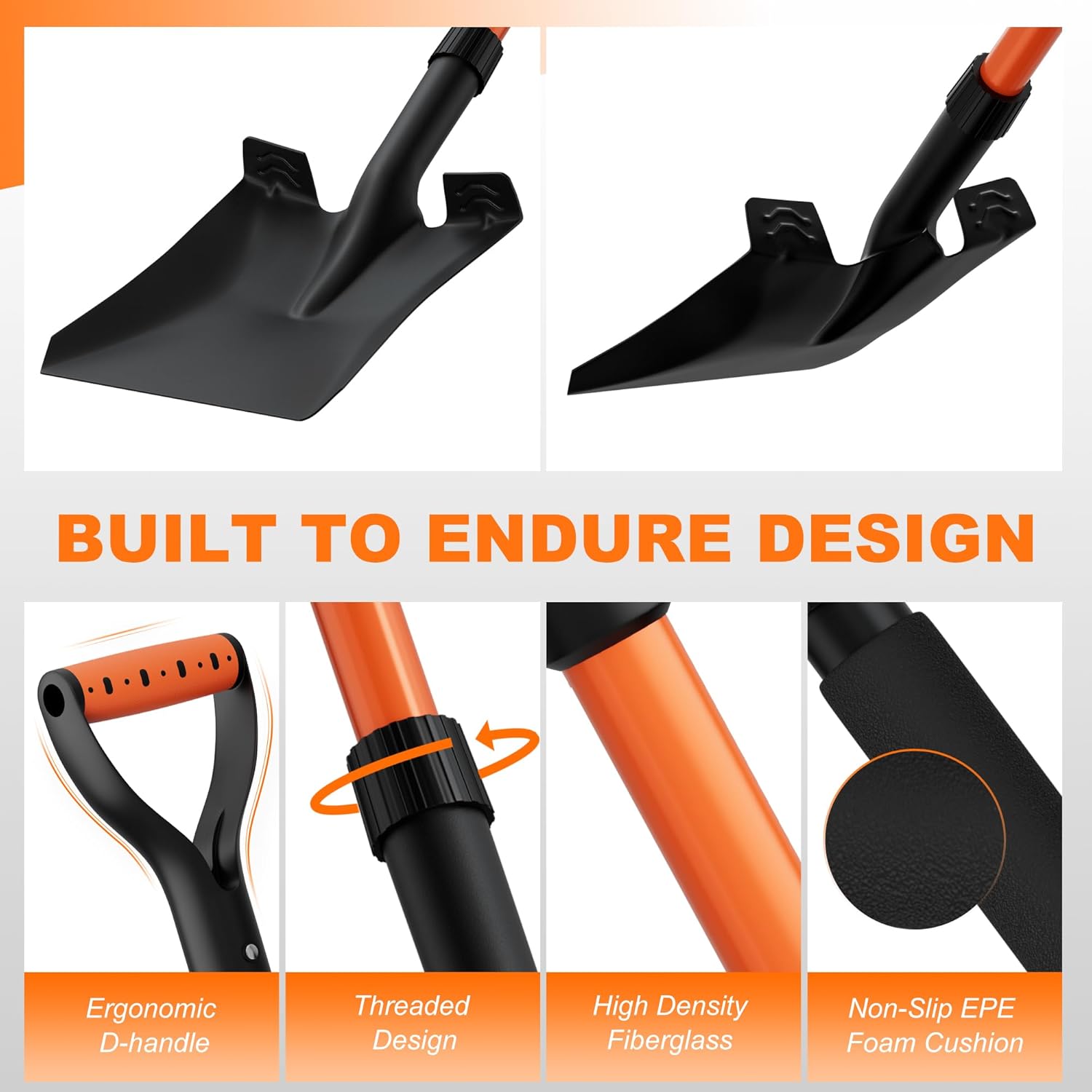 Snow Shovel, Heavy Duty 42'' Square Spade with Ergonomic D-Grip Handle, Extra-Wide Step & Fiberglass Shaft – Compact Winter Tool for Snow Removal, Car Emergency, Driveway & Sidewalk (Bright Orange)