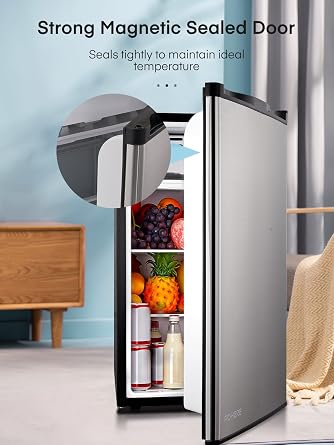 FOHERE 3.2 Cu. Ft Small Refrigerator with Freezer, Compact Mini Fridge with 7 Level Temperature Control, Removable Glass Shelves for Bedroom, Office, Dorm, Stainless Steel, BC-90U-E