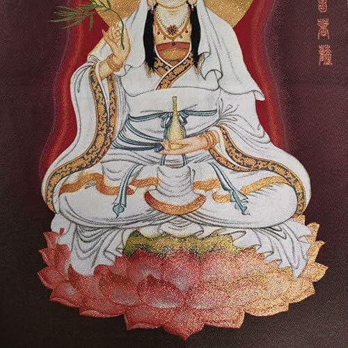 Miniatura 3 de China Budismo paño de seda Avalokiteshvara Guangyin Kwan-yin Thangka Mural colgante de pared para decoración casera tapiz meditación