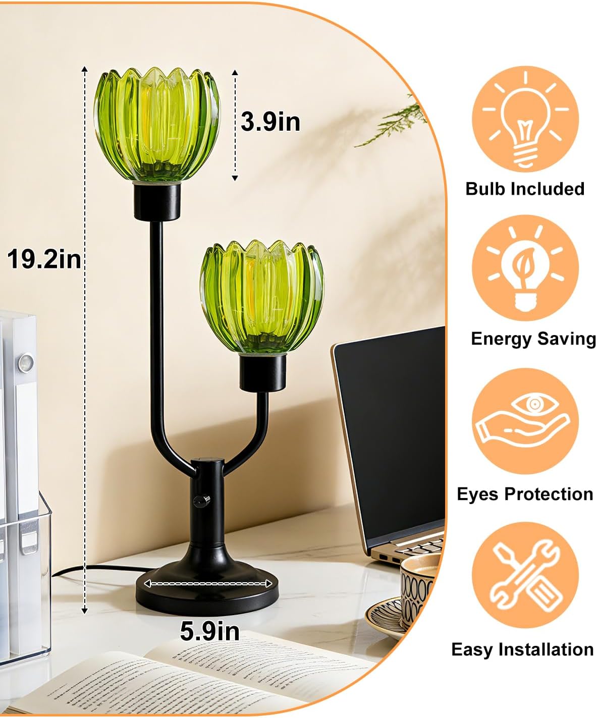 Lightdot Green Glass Flower Table Lamp for Living Room Dimmable Nightstand Lamp Mid Century Modern Vintage Black Desk Lamp 2 Bulbs Included Warmwhite Ambient Bedside Lamp for Bedroom Home Office Decor