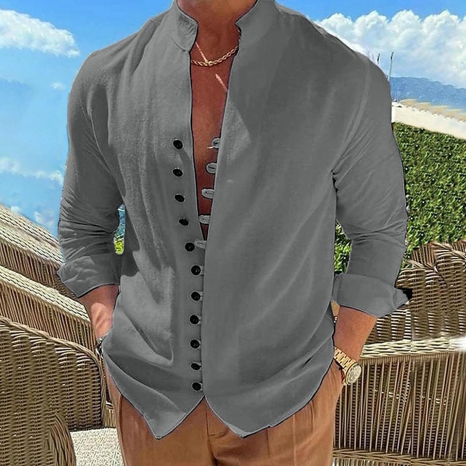 Camicie da Uomo Camicia A Colori Solidi in Cotone retrò E Maniche Lunghe Lino Casual Sciolta-Bianco-s