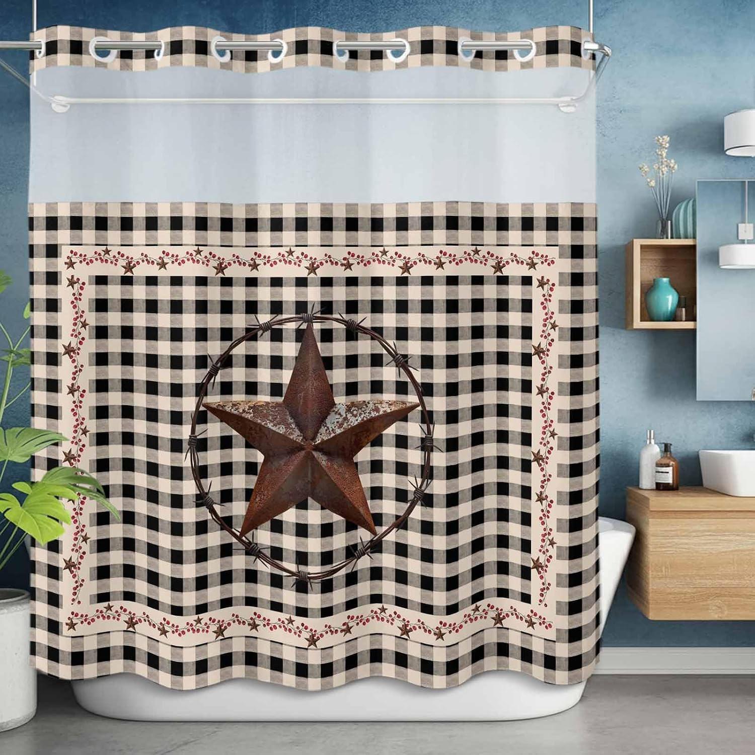 Retro Mottled No Hook Shower Curtain with Snap in Liner Country Star Farmhouse Black Buffalo Plaid Waterproof Bathroom Shower Curtain with See Through Top Window for Bathtub 72" x 72"