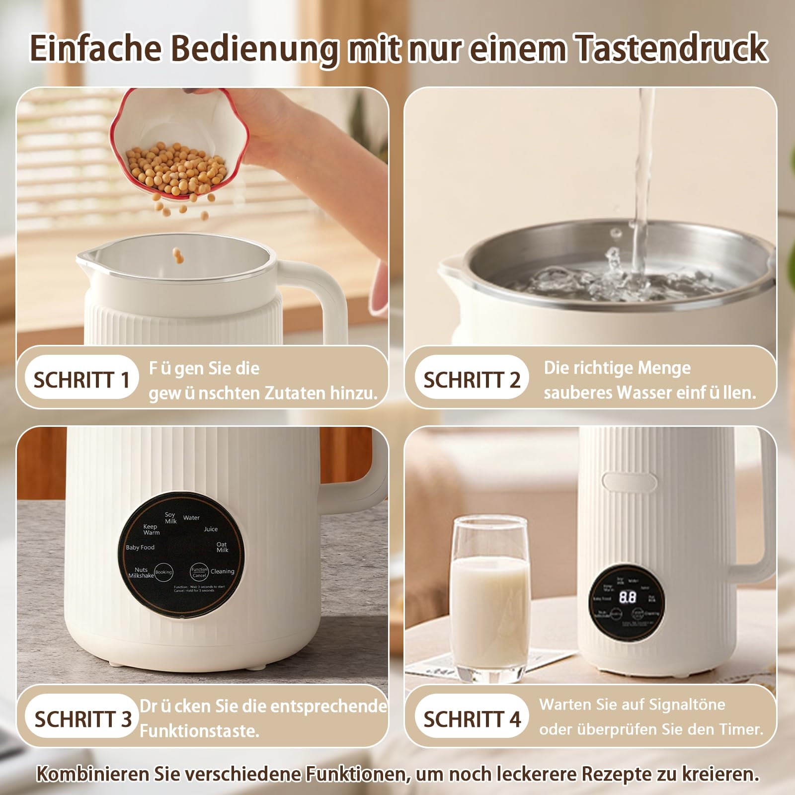 Máquina de Leche de Soja de 1200 ml, Fabricadora de Leche de Nueces y Soja con 10 Cuchillas, 8 Menús, Seguridad Infantil con Apagado Automático & Autolimpieza, Incluye Recetas para Leche Vegetal DIY