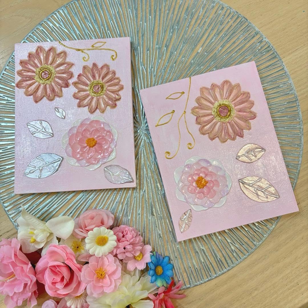 ピンクフラワー 立体アート 2枚セット|原画|テクスチャーアート|F0 U